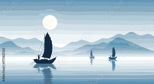 Traditional junk boats with their distinct sails navigate calm waters, their silhouettes reflected, under a bright moon, with layered blue mountains in the misty distance.