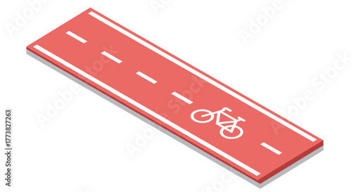 Isometric bicycle lane icon with red road and white bike symbol