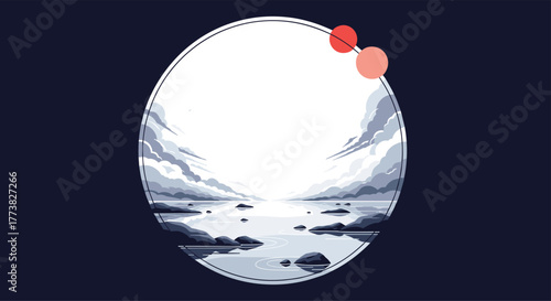 A tranquil minimalist landscape inside a white circular frame, showcasing still water, scattered rocks, and a cloudy horizon against a deep blue background.