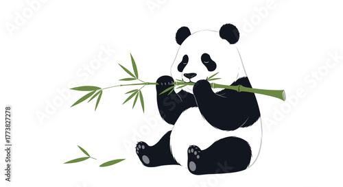A charming and minimalist graphic illustration features a cute giant panda sitting and contentedly munching on fresh green bamboo shoots and leaves against a simple white background.