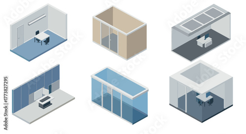 Modern office room designs in isometric view with minimalist furniture and glass elements