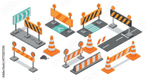 Isometric construction barriers and traffic cones for road safety projects
