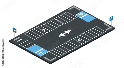 Isometric parking lot design with marked spaces and signage