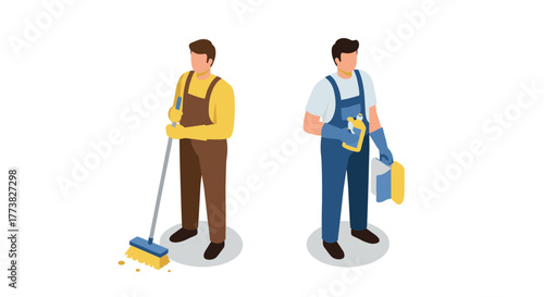 Isometric workers cleaning and disinfecting in uniforms