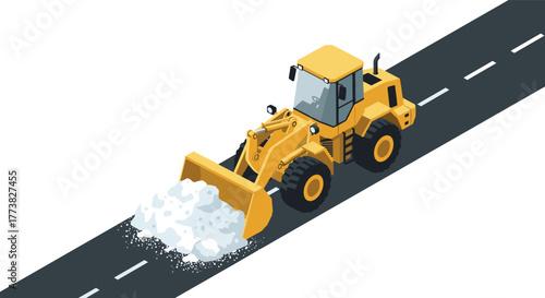 Isometric yellow bulldozer clearing snow on road winter road maintenance