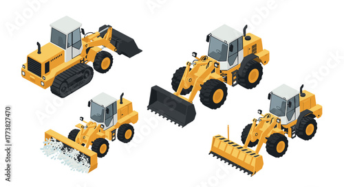 Construction vehicles isometric set bulldozers, loaders, excavators in yellow