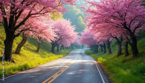 Wallpaper Mural Roadway lined with blooming cherry trees presents vibrant spring scene. Green hillsides border asphalt path leading into hazy distance. Sunlight filters through pink blossoms creating peaceful, Torontodigital.ca