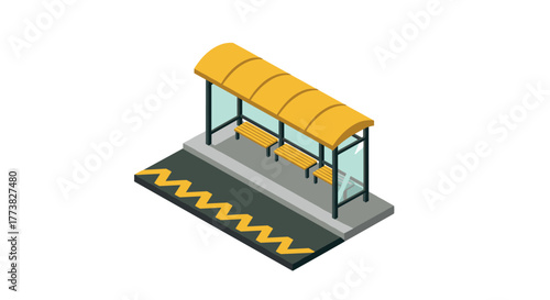 Isometric modern bus stop with yellow canopy and benches on city roadside