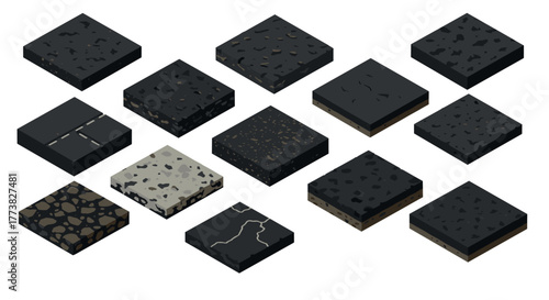 Isometric black tile textures collection with various patterns and materials