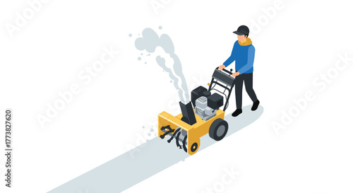 Isometric male worker using snow blower in winter outdoor clearing scene