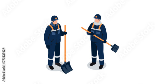 Isometric workers in uniform with shovels on white background