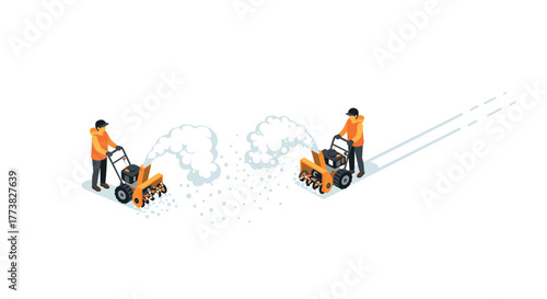 Isometric snow removal workers operating snow blowers on white background