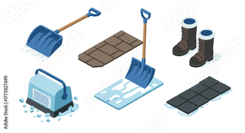 Winter snow removal tools and accessories in isometric style for cold weather maintenance