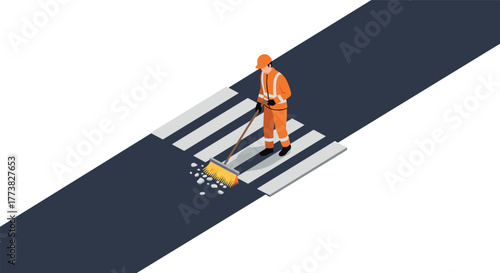 Isometric worker sweeping crosswalk urban cleanup scene in flat design