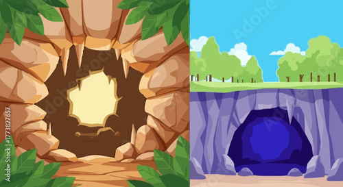 Set of two cartoon cave illustrations showing an entrance from the outside in a field and an exit view from inside a rocky grotto