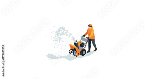 Isometric winter scene with person operating snow blower on snowy day