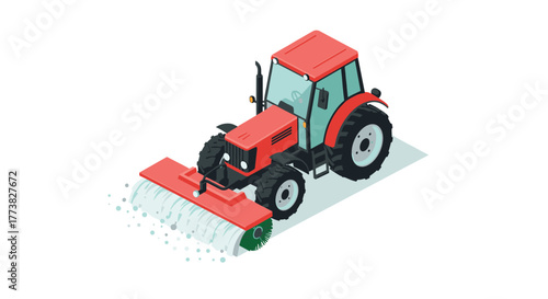 Isometric red tractor with snow sweeper attachment on white background