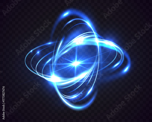 Blue energy orb with glowing light rings and swirling motion effect on transparent background, representing futuristic plasma vortex, power core, or light storm energy rotation concept.
