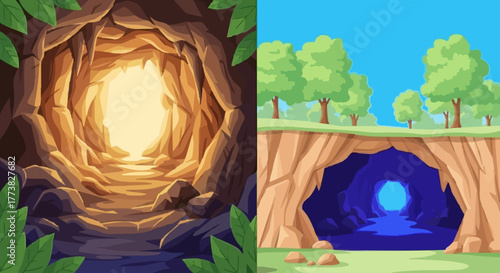 Cave entrances Exploring underground passages with lush foliage and scenic outdoor views in vibrant illustrations