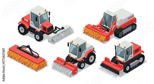 Isometric set of modern agricultural and industrial machines with harvesting equipment