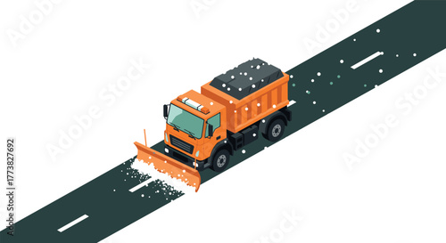 Isometric snowplow truck clearing icy road in winter scene