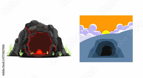 Exploring Natural Wonders Vector illustrations of a fiery volcanic lava cave and a peaceful water cave entrance under a beautiful sunset