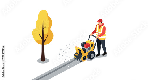 Isometric road worker using pavement cutting machine near tree
