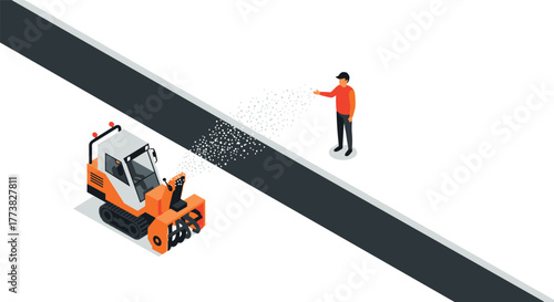 Isometric snow plow and worker clearing sidewalk in winter scene