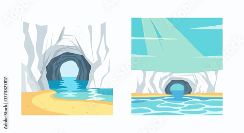 Scenic vector illustrations of a natural sea cave and water grotto entrance, a collection of coastal landscape views with sunlight