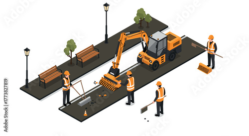 Construction crew working with excavator on urban road repair in isometric style