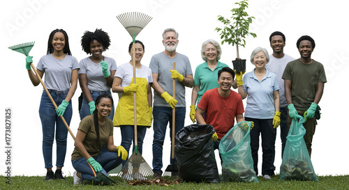 Diverse group of volunteers with gardening tools transparent background