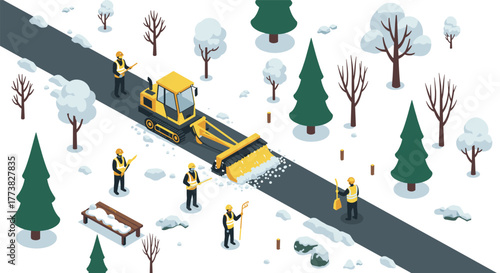 Snow removal crew clearing path with bulldozer in winter forest isometric scene