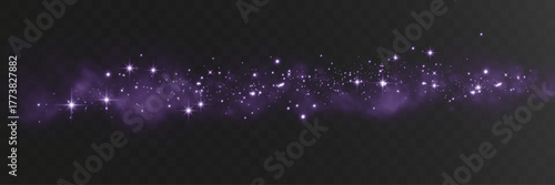 Purple and silver sparkling star trail with cosmic dust on transparent background, magical glittering stardust flow symbolizing cosmic energy, fantasy galaxy wave and luminous nebula design element.
