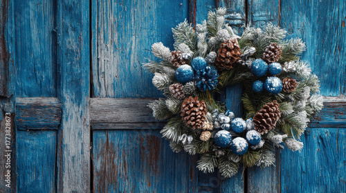 Christmas wreath against the backdrop of a blue tree on a rustic wooden door