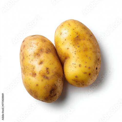 Two potatoes side-by-side on display. Each potato has visible blemishes and a mix of earthy tones. They appear fresh and ready for consumption.