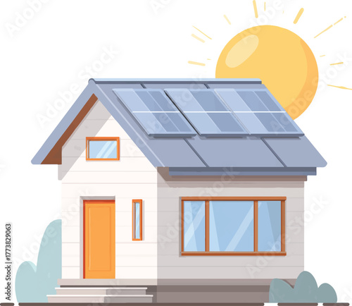 illustration of a house with solar panels on the roof, the sun shining from the right side, in a simple vector graphic style, on a white background