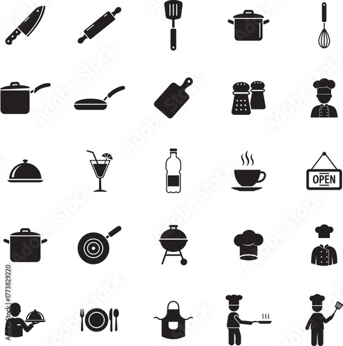 Chef and Cooking Silhouette icon collection. Includes Silhouette symbols chef, cooking, kitchen, restaurant, food, culinary and more. Isolated icons. Chef icon set. 
