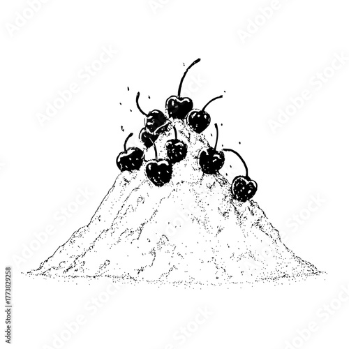 Illustration of a mountain with an ice cream scoop and cherries on top with sparkling star accents