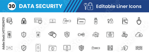 Data security Icon Set, Shield, Lock, Firewall, Encryption, Key, Cyber Security, Data Protection, Secure Network, Password, Biometric Scan Vector line Icons illustration
