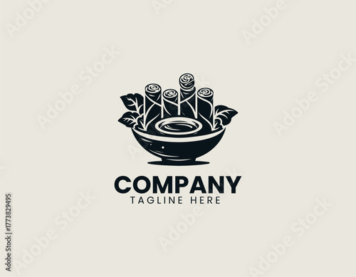 Traditional Asian Spring Rolls Dish Artistically Arranged in a Bowl with Dipping Sauce and Chopsticks Vector Logo Illustration