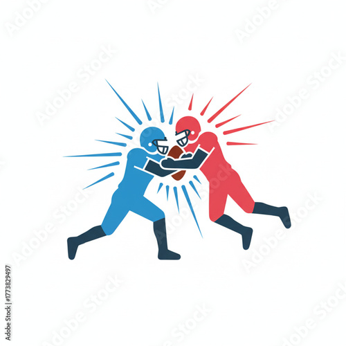 Two American football players in action, one in blue and one in red, clashing during a game with a burst of energy behind them