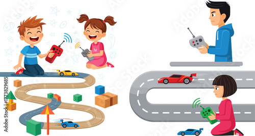 Children and Teenagers Playing with Remote-Controlled Cars, Fun Indoor Activity, Toy Racing Track, Technology Playtime, Cartoon Style Illustration