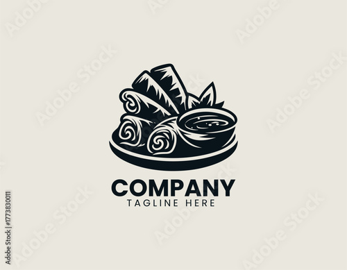 Traditional Asian Spring Rolls Dish Artistically Arranged in a Bowl with Dipping Sauce and Chopsticks Vector Logo Illustration