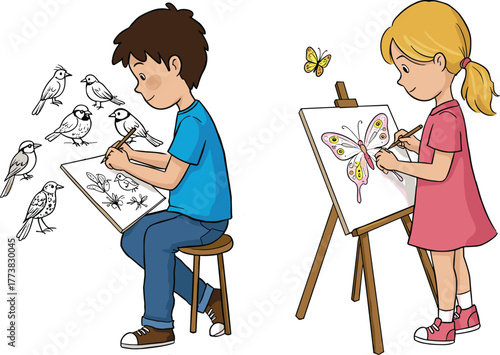 Children Drawing Nature Scenes with Easels, Birds, Butterflies, Insects, Creative Art Activity Indoors, Educational Fun, Colorful Sketchpad Illustration