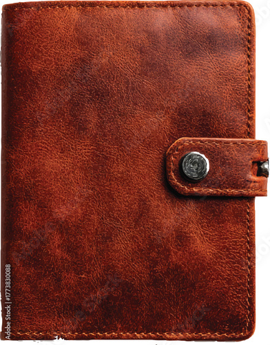 leather notebook cover with a metal button, in a brown color on a white background