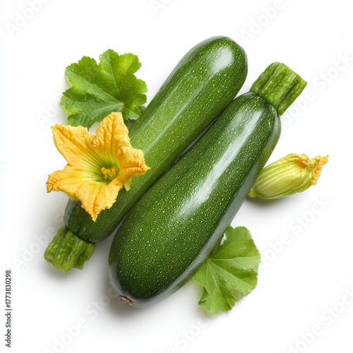 Two fresh zucchinis, blossoms and leaves, showcasing natural vibrancy