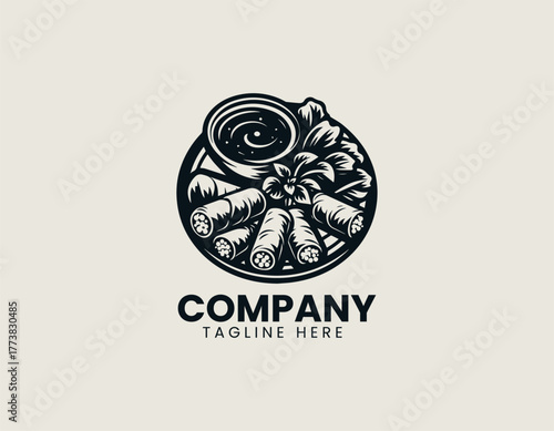Traditional Asian Spring Rolls Dish Artistically Arranged in a Bowl with Dipping Sauce and Chopsticks Vector Logo Illustration