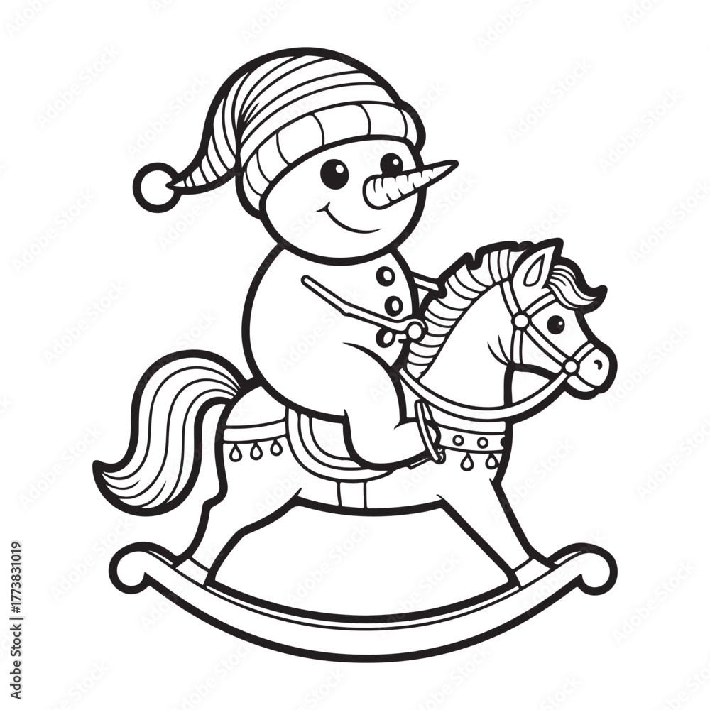 Naklejka premium Snowman riding a rocking horse outline colouring page