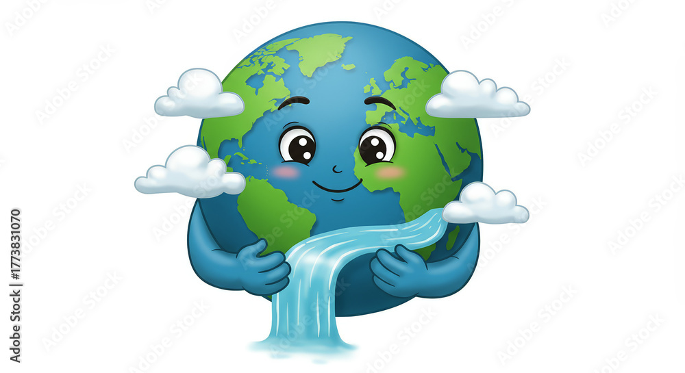 Obraz premium Cartoon earth character embracing water stream with transparent background
