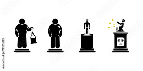 Living Statue Icons. Solid, filled icon set of living statue performers: still figure, pedestal, metallic face, spray paint can.